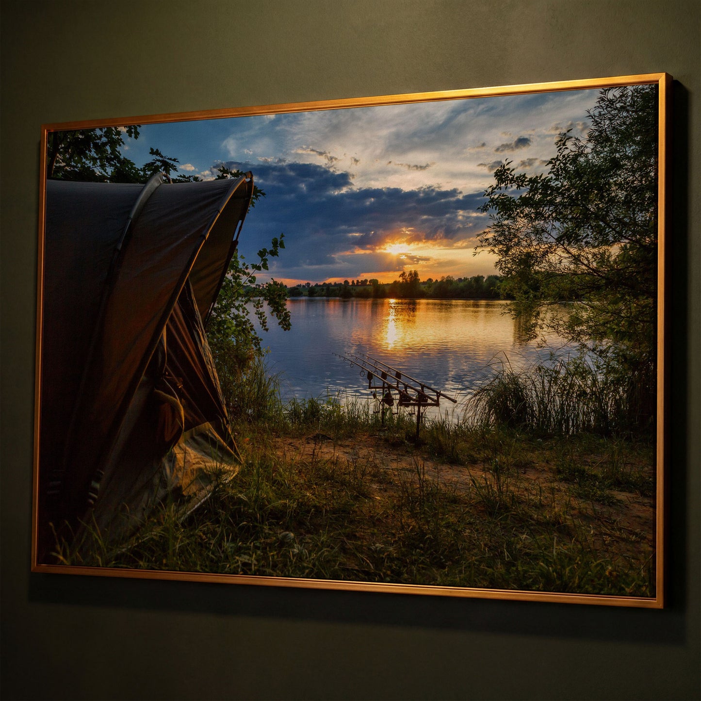 Lake Sunset with Fishing Tent Canvas shown in antique gold floating frame