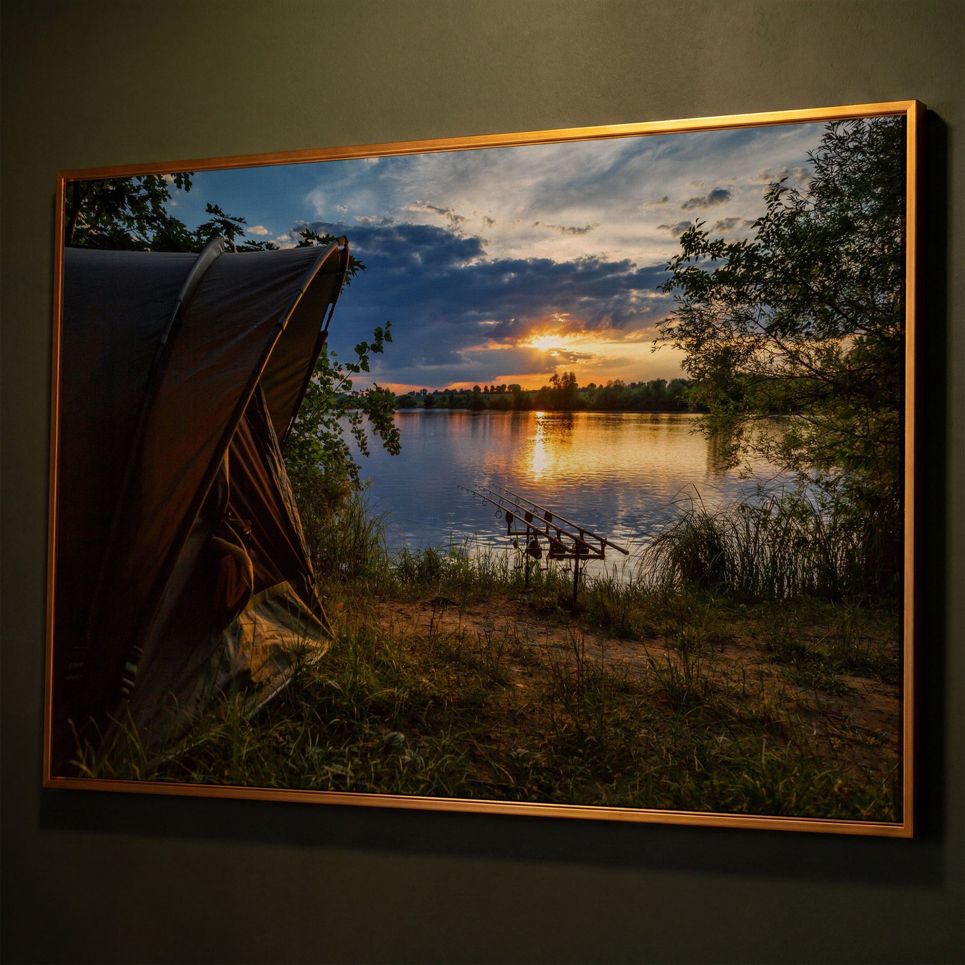 Lake Sunset with Fishing Tent Canvas shown in antique gold floating frame