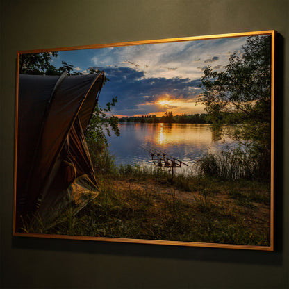 Lake Sunset with Fishing Tent Canvas shown in antique gold floating frame