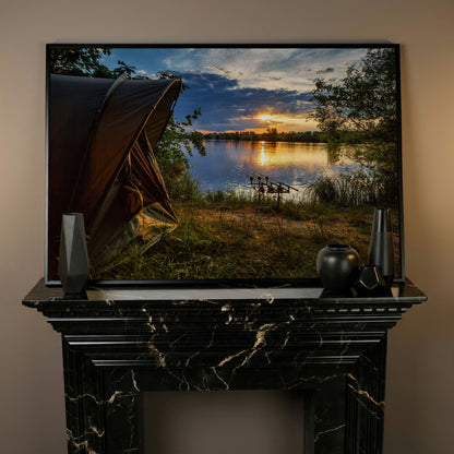 Lake Sunset with Fishing Tent Canvas in black floating frame