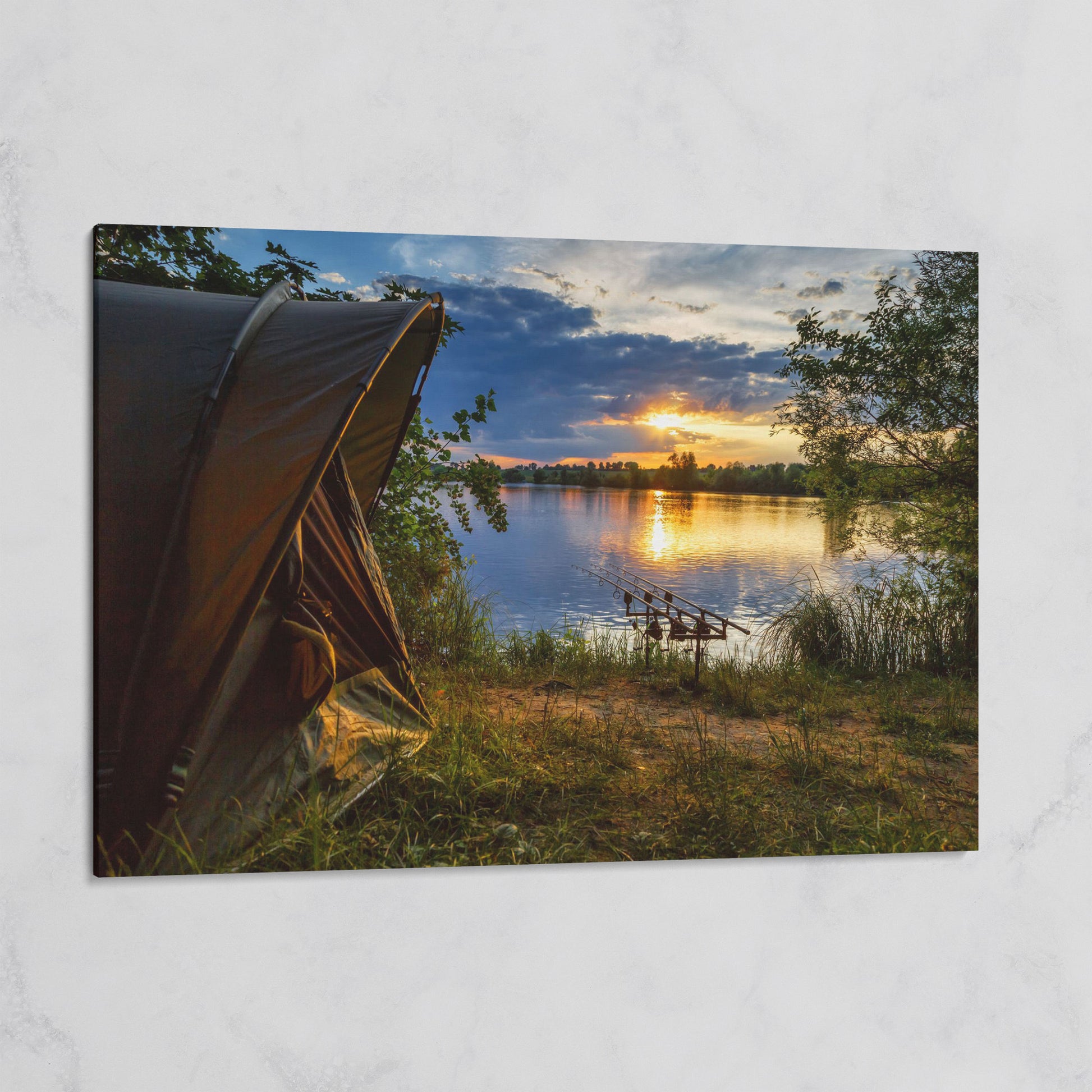 Lake Sunset with Fishing Tent Canvas on gallery wrap