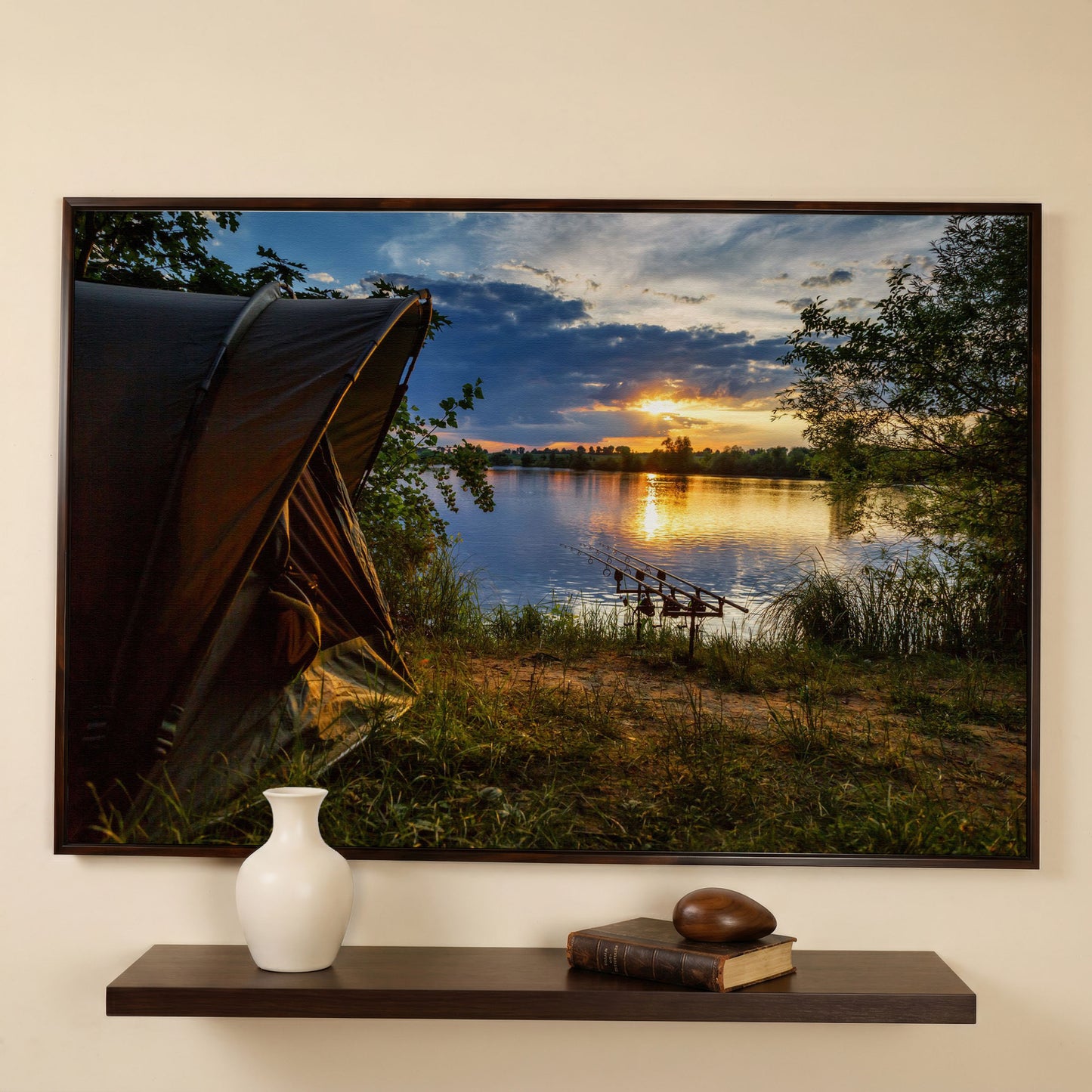 Lake Sunset with Fishing Tent Canvas in dark walnut floating frame