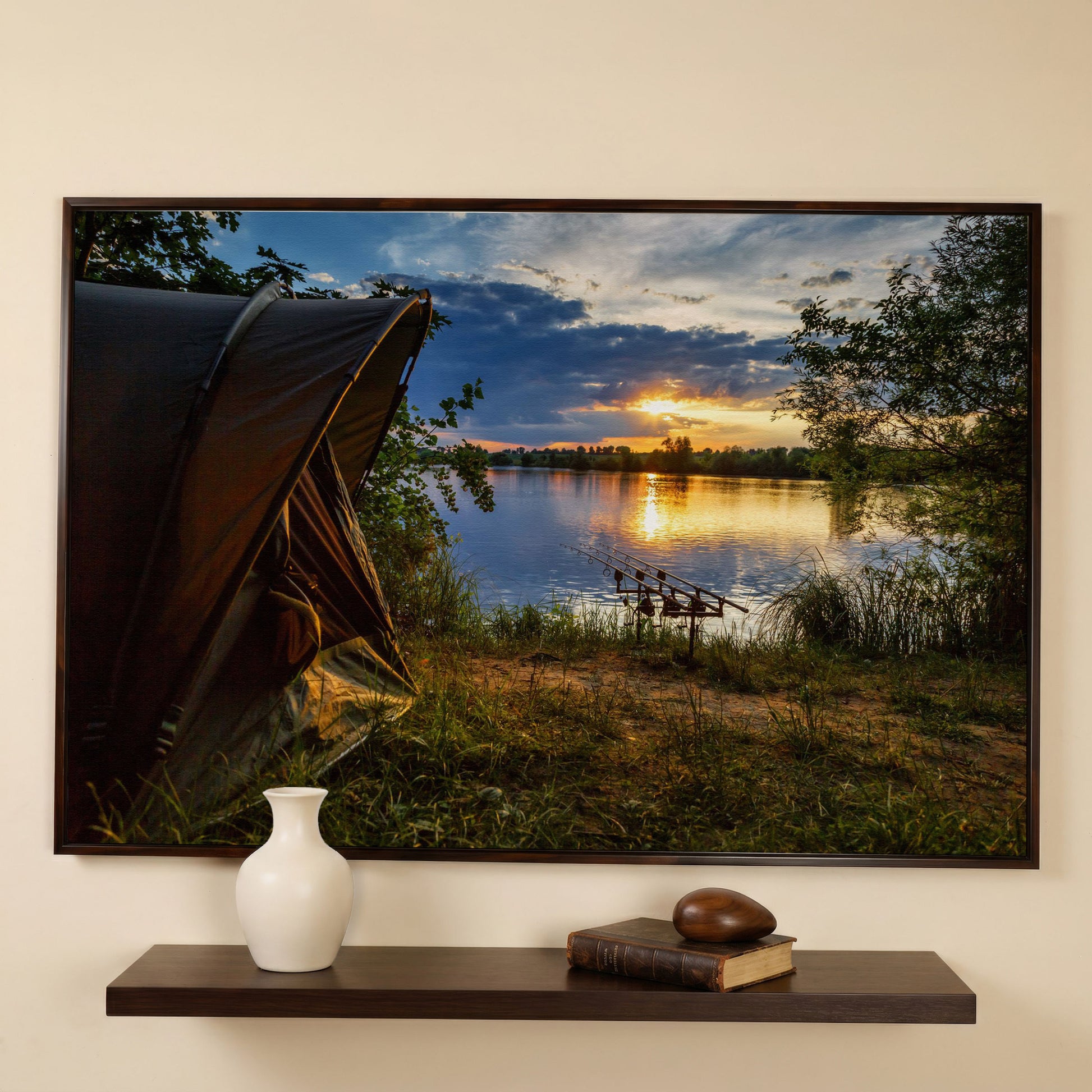 Lake Sunset with Fishing Tent Canvas in dark walnut floating frame
