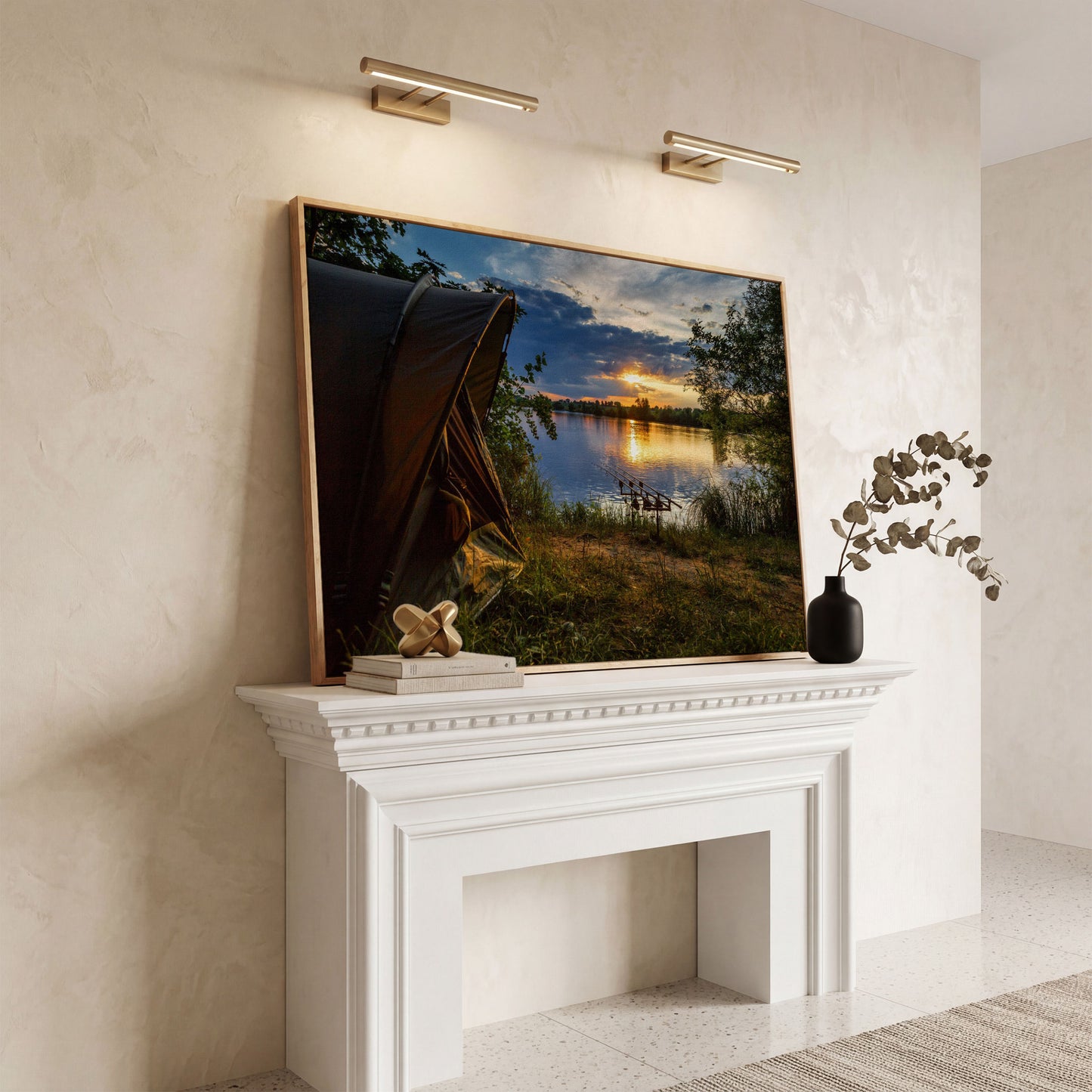 Lake Sunset with Fishing Tent Canvas in white oak floating frame