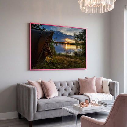 Lake Sunset with Fishing Tent Canvas in pink floating frame