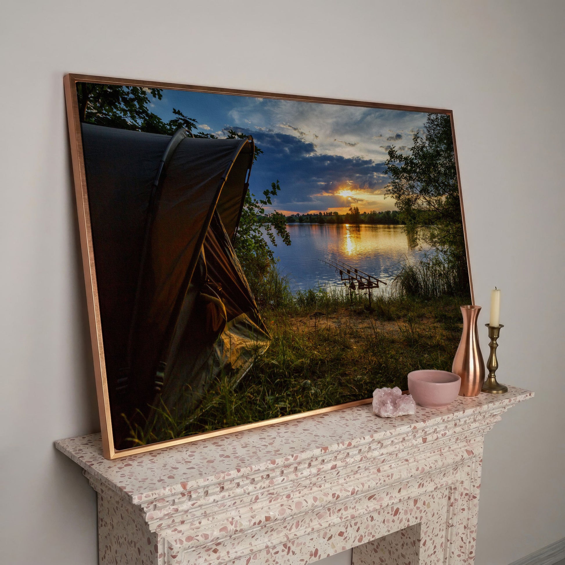 Lake Sunset with Fishing Tent Canvas in rose gold floating frame
