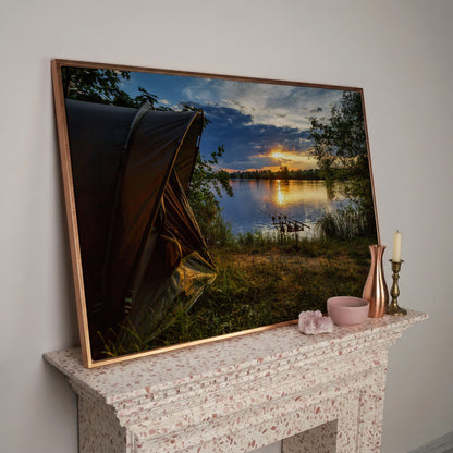 Lake Sunset with Fishing Tent Canvas in rose gold floating frame