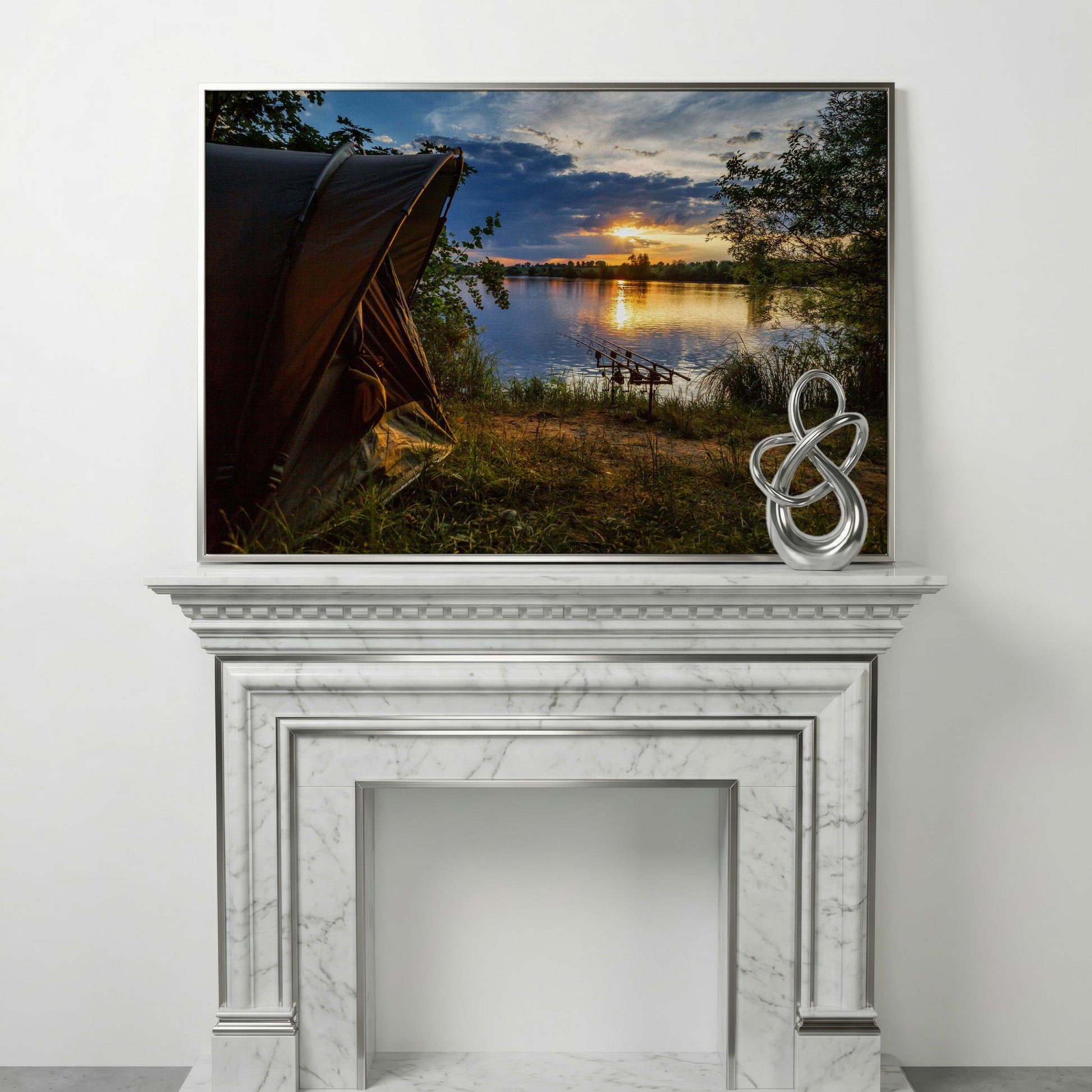 Lake Sunset with Fishing Tent Canvas in silver floating frame