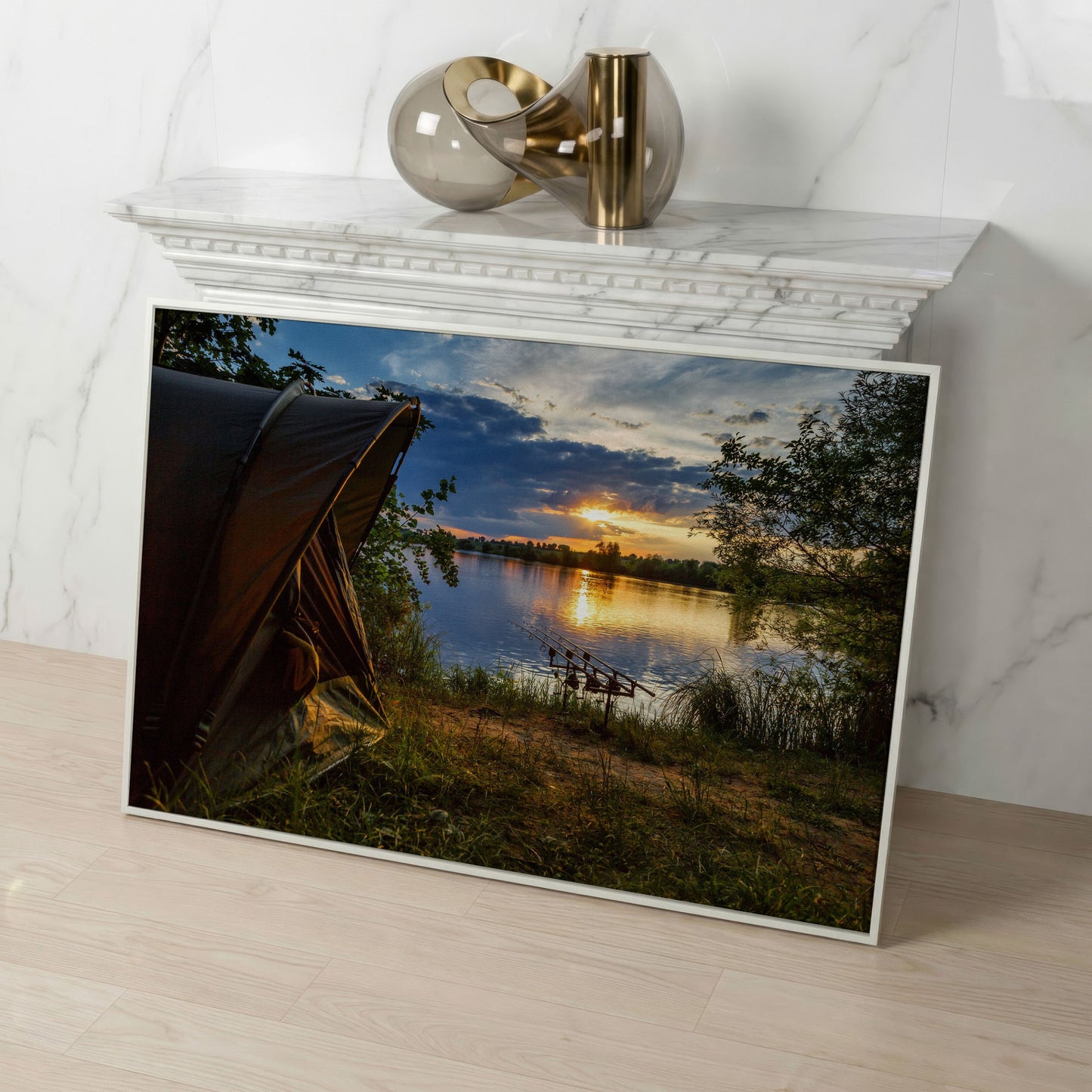 Lake Sunset with Fishing Tent Canvas in white floating frame