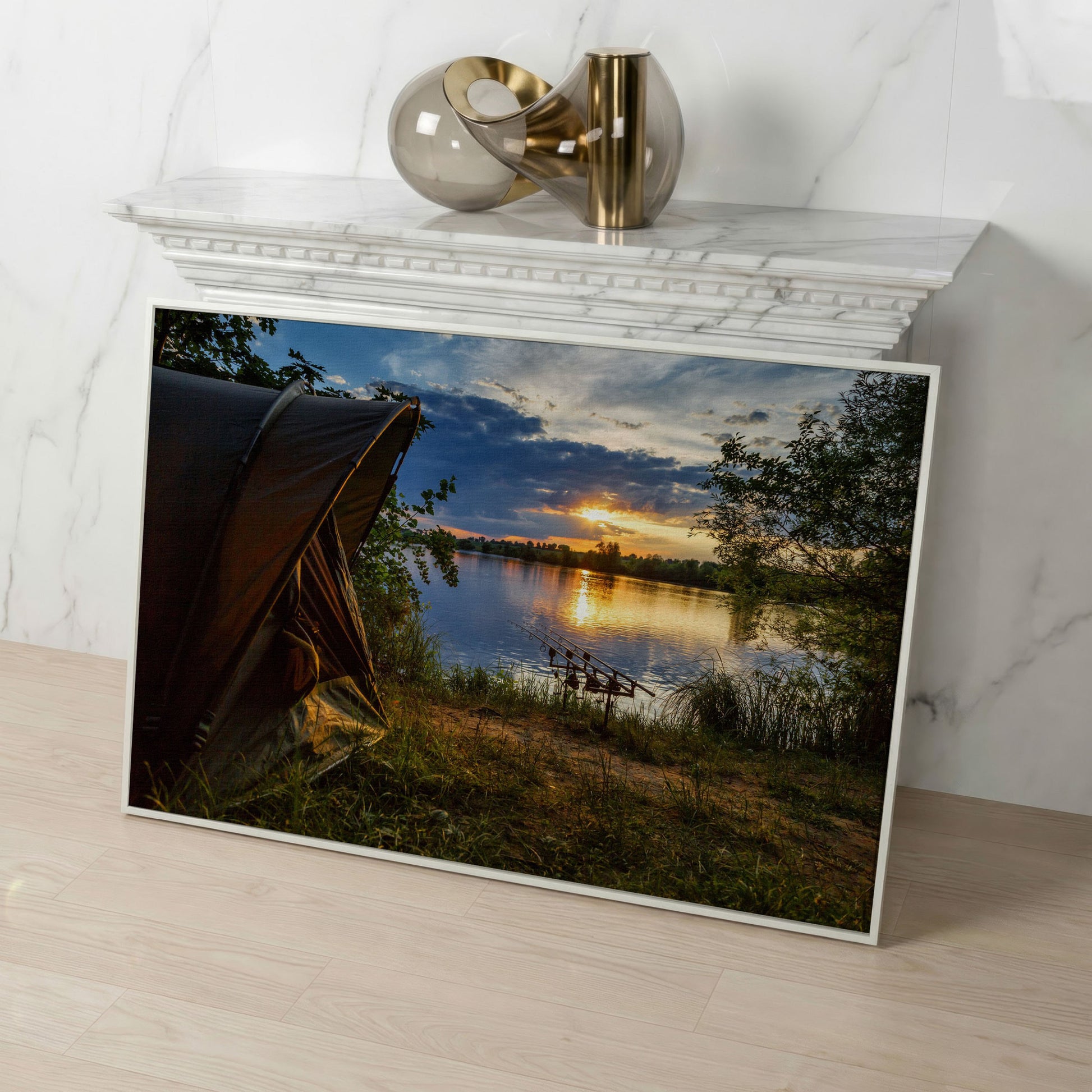 Lake Sunset with Fishing Tent Canvas in white floating frame