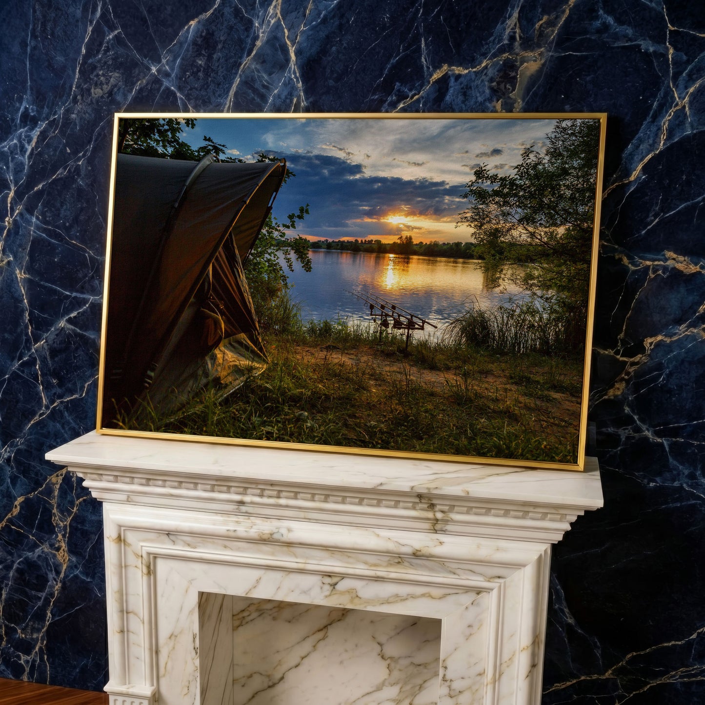 Lake Sunset with Fishing Tent Canvas in yellow gold floating frame