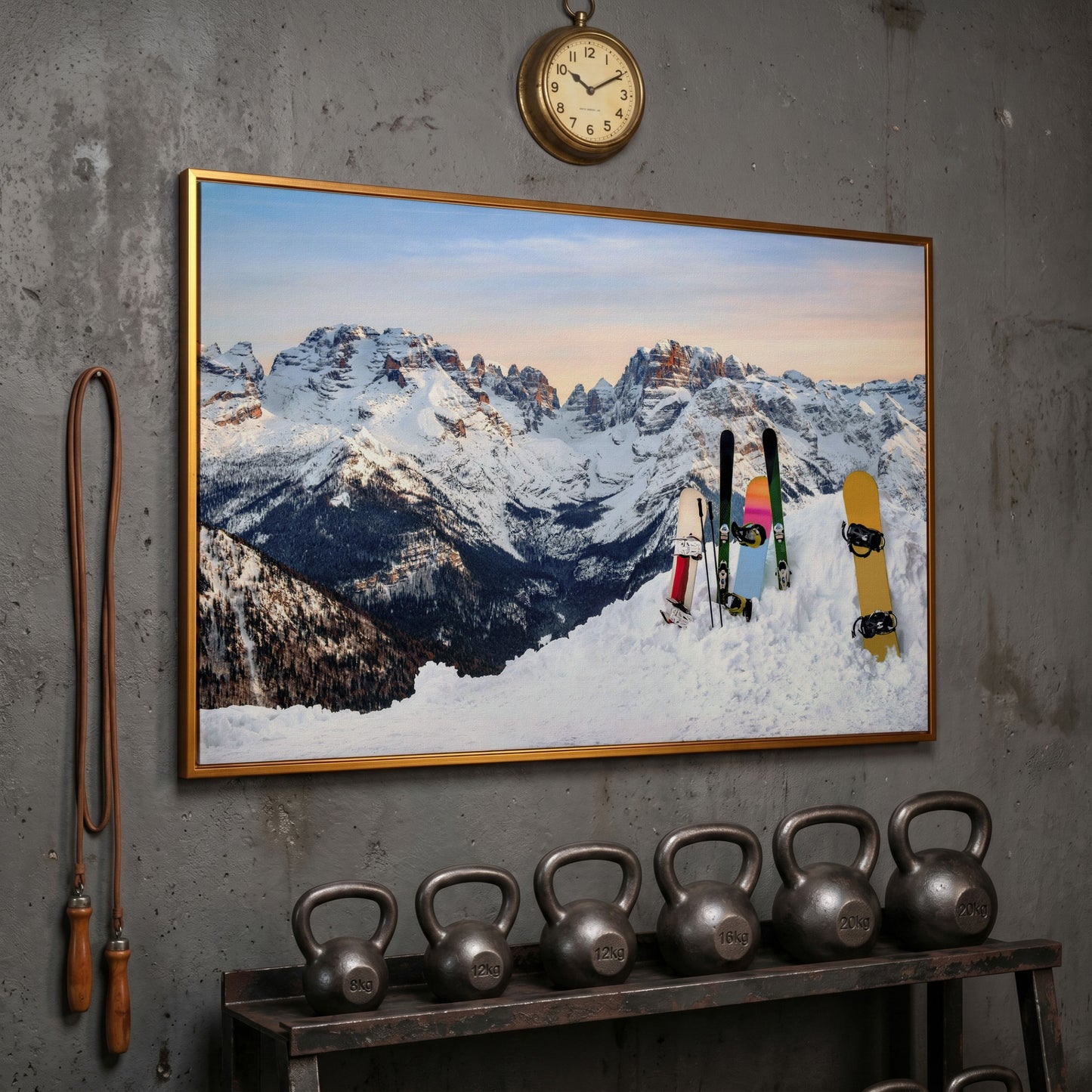 Alpine Adventure Canvas Print with Snowboards & Skis in antique gold floating frame