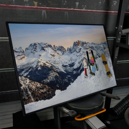 Alpine Adventure Canvas Print with Snowboards & Skis in black floating frame