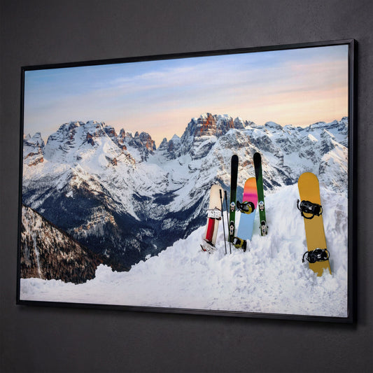 Alpine Adventure Canvas Print with Snowboards & Skis shown in black floating frame