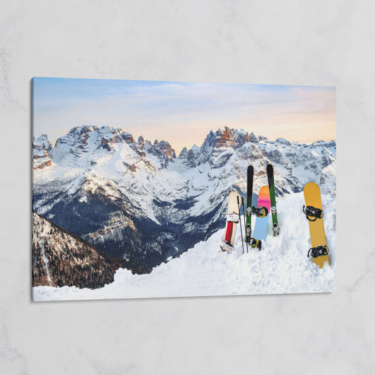 Alpine Adventure Canvas Print with Snowboards & Skis on gallery wrap