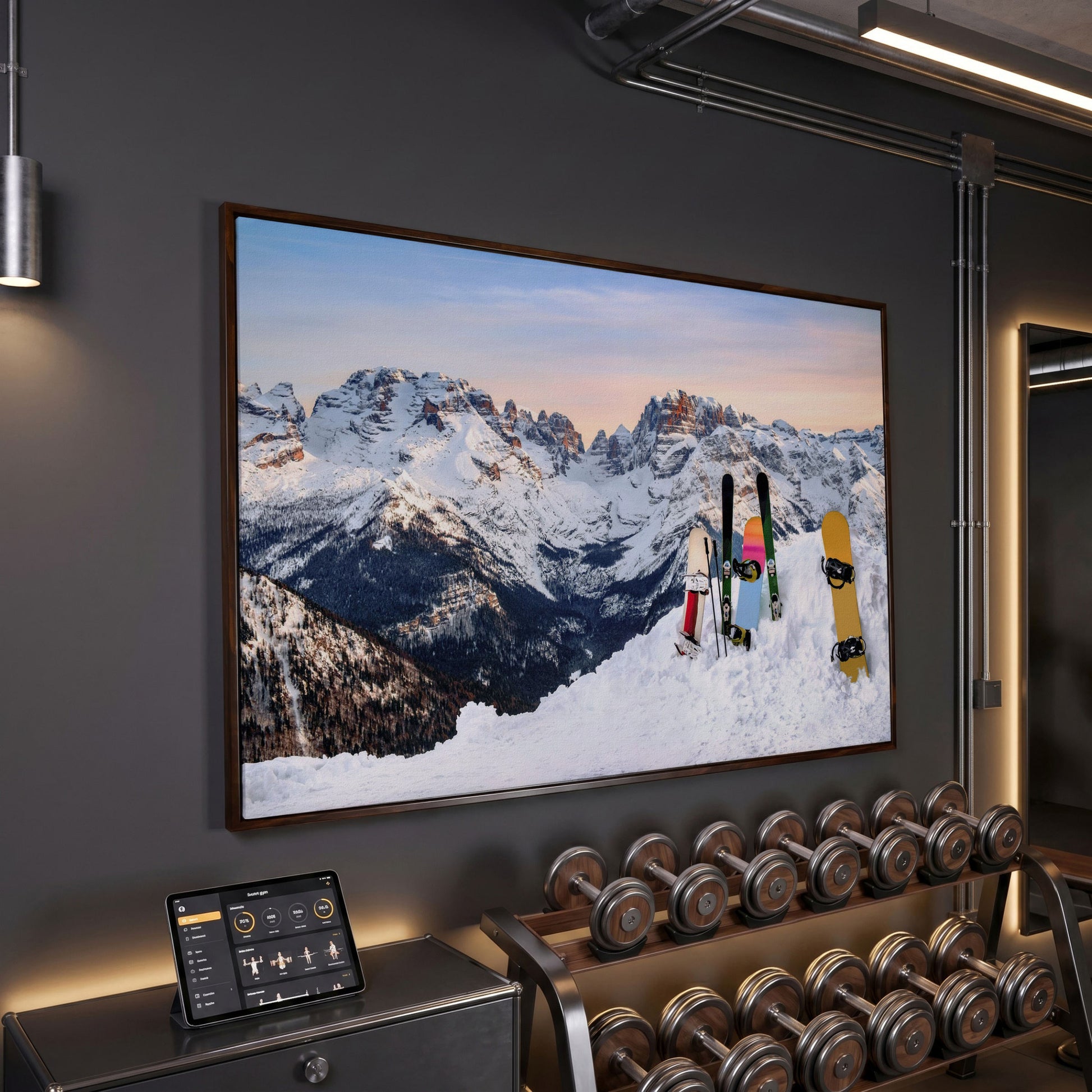 Alpine Adventure Canvas Print with Snowboards & Skis in dark walnut floating frame