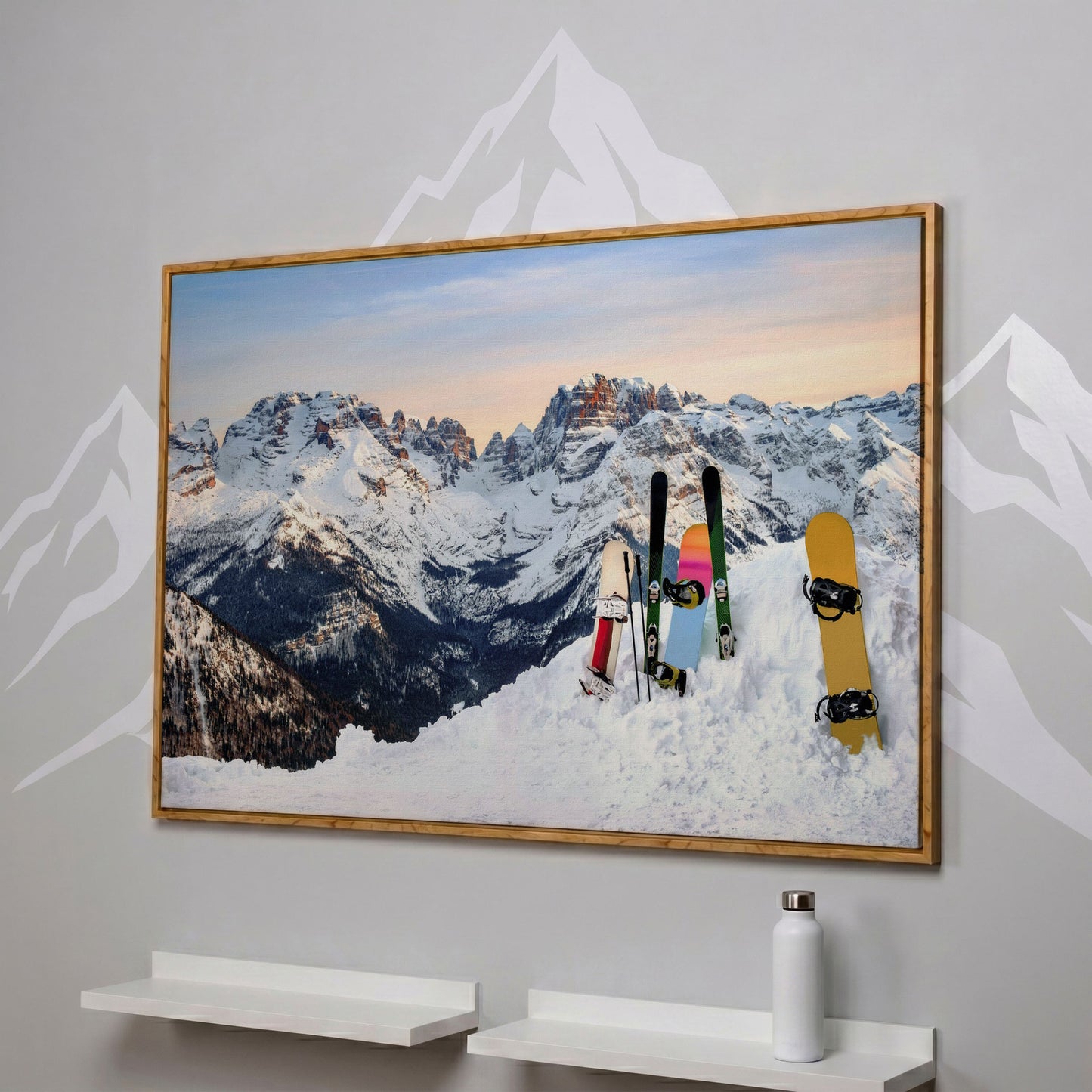 Alpine Adventure Canvas Print with Snowboards & Skis in white oak floating frame