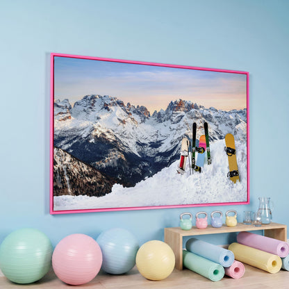 Alpine Adventure Canvas Print with Snowboards & Skis in pink floating frame