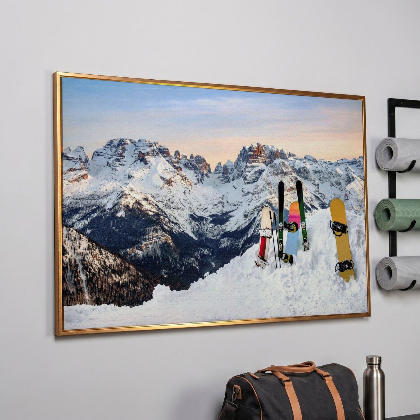 Alpine Adventure Canvas Print with Snowboards & Skis in rose gold floating frame