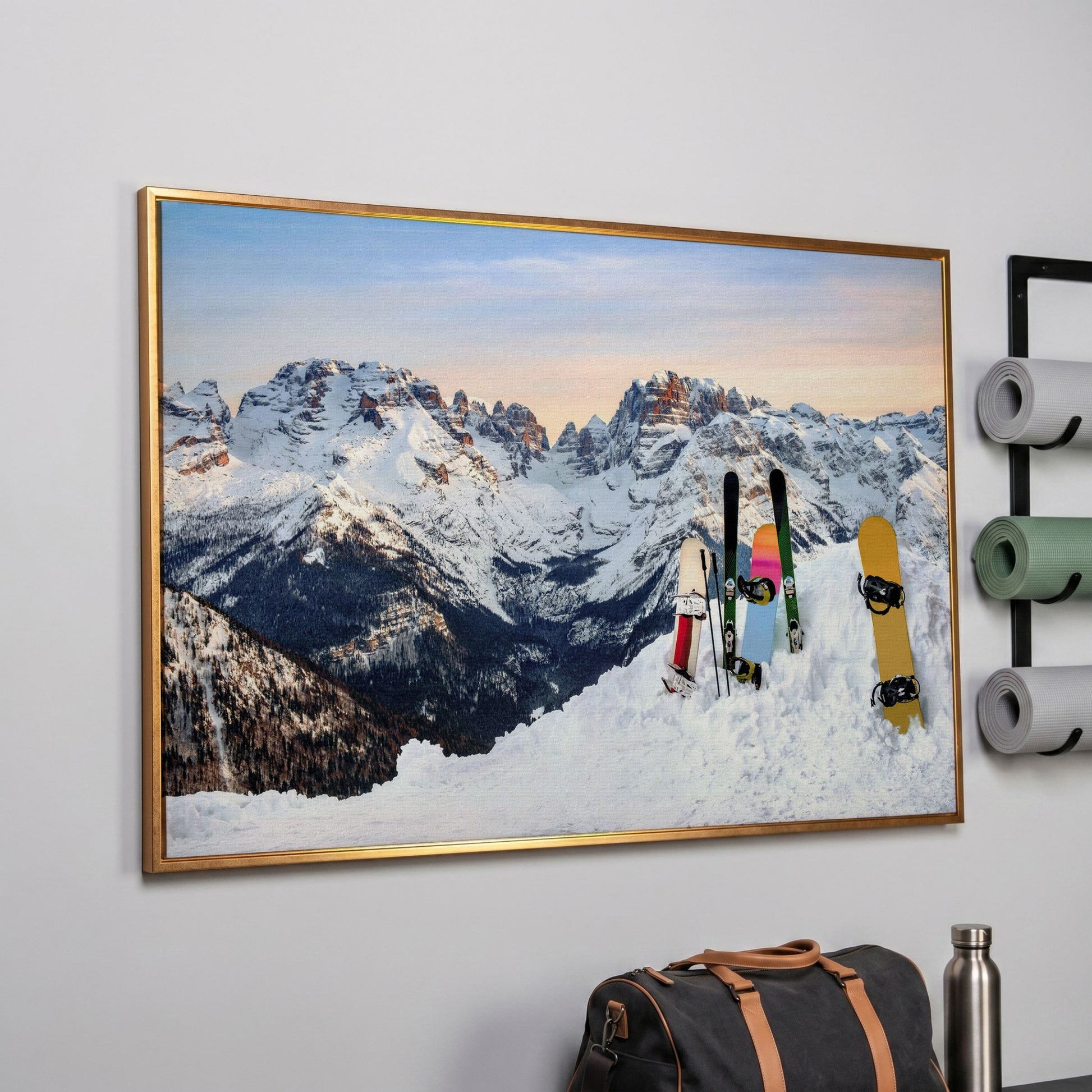 Alpine Adventure Canvas Print with Snowboards & Skis in rose gold floating frame