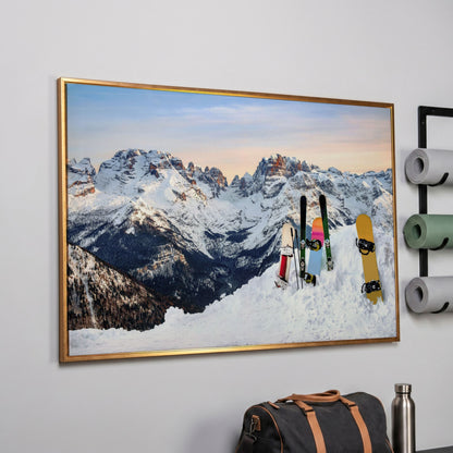 Alpine Adventure Canvas Print with Snowboards & Skis in rose gold floating frame