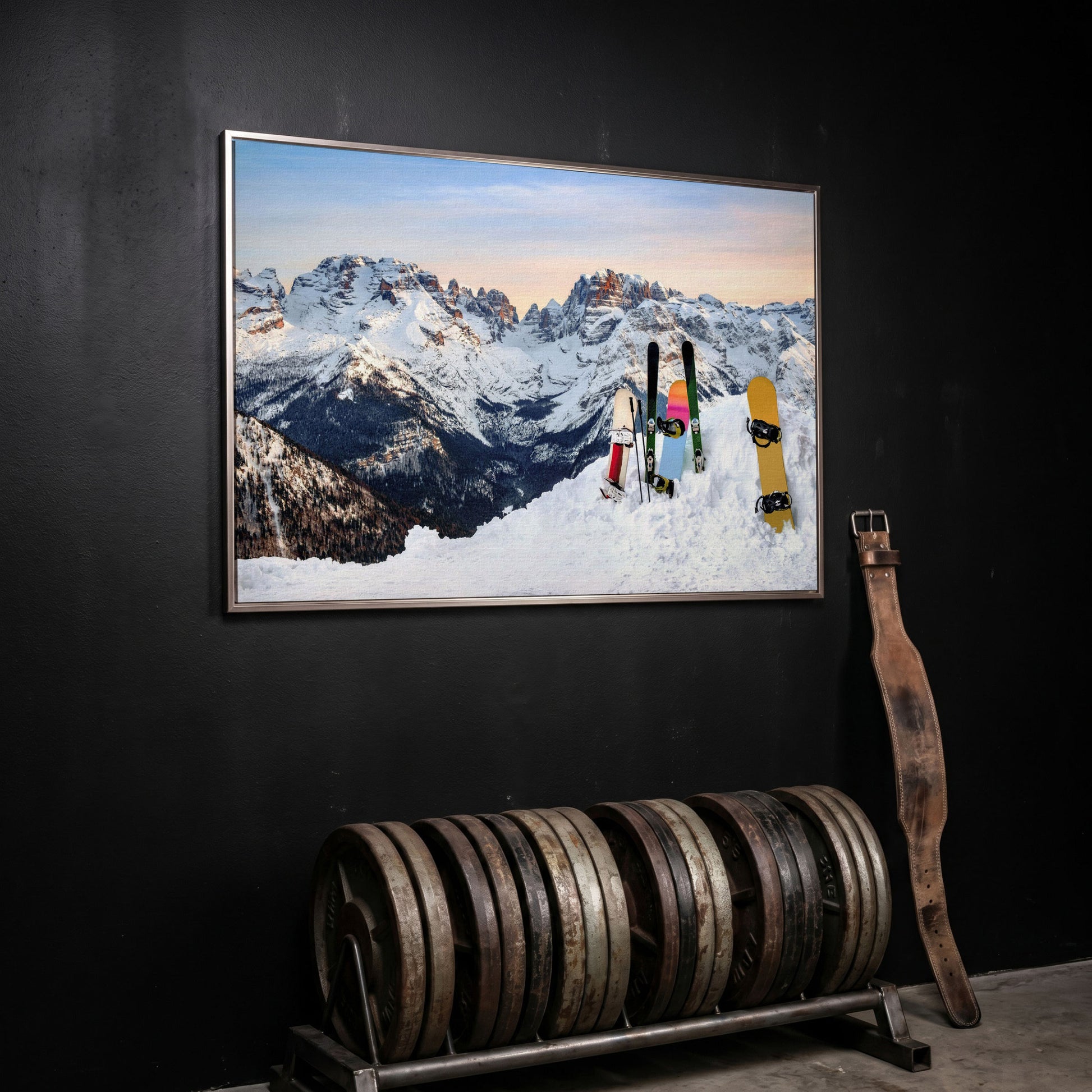 Alpine Adventure Canvas Print with Snowboards & Skis in silver floating frame