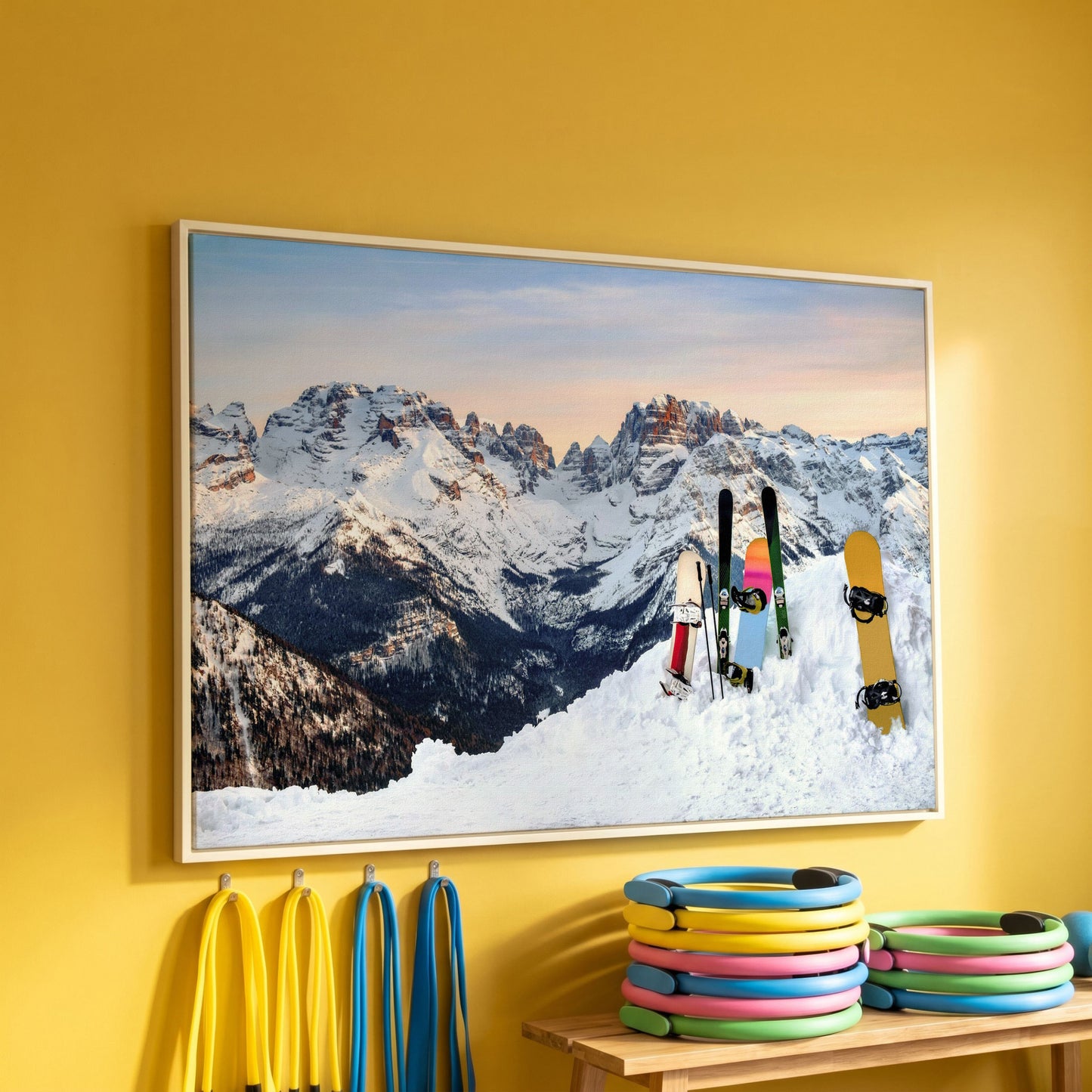 Alpine Adventure Canvas Print with Snowboards & Skis in white floating frame
