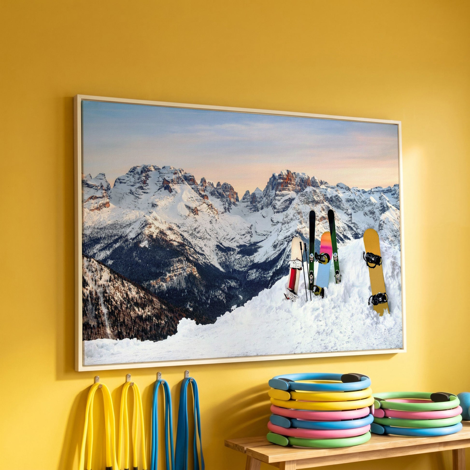 Alpine Adventure Canvas Print with Snowboards & Skis in white floating frame