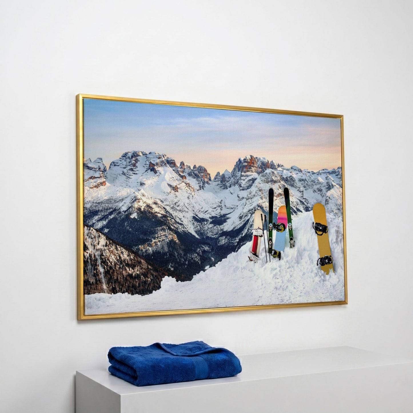 Alpine Adventure Canvas Print with Snowboards & Skis in yellow gold floating frame