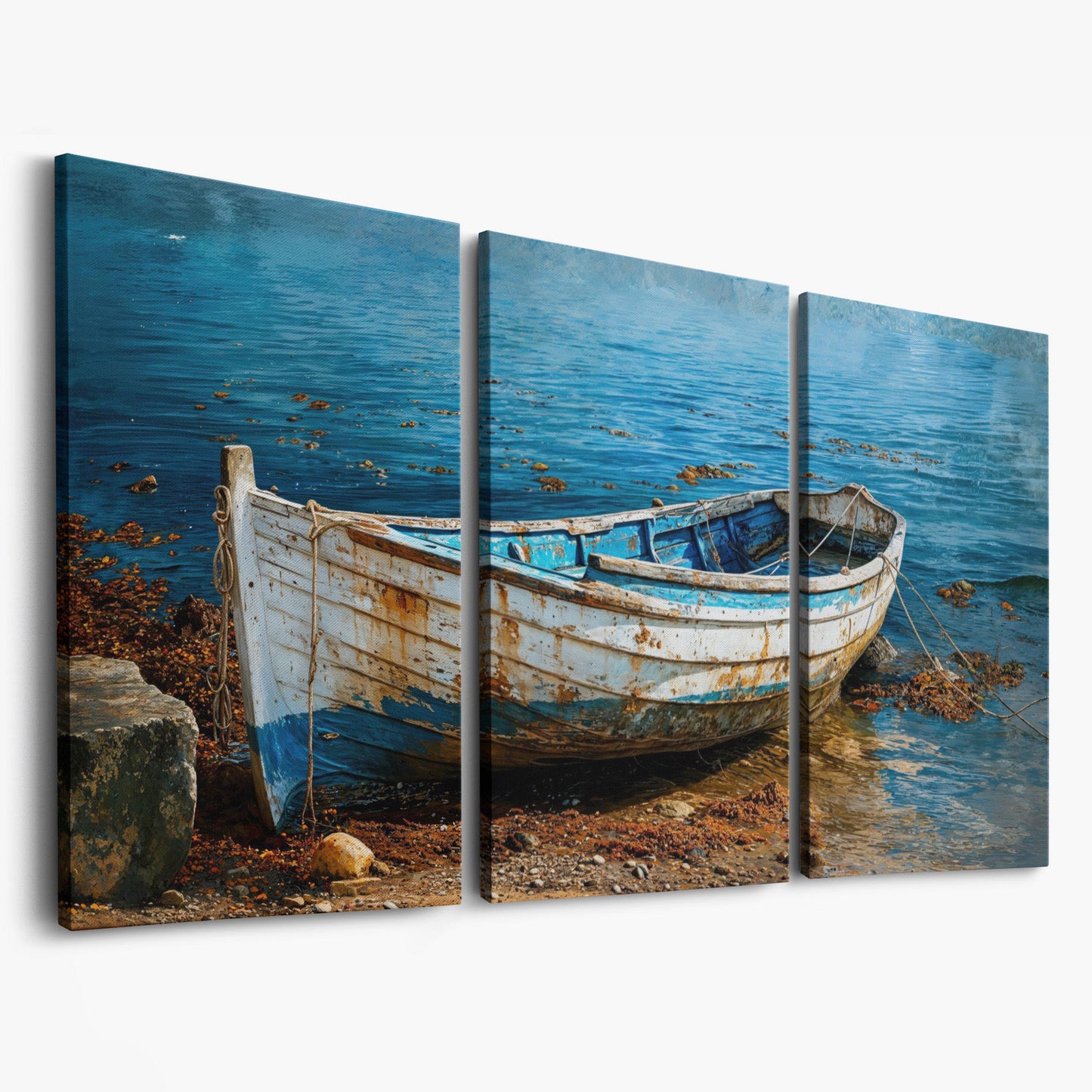 White and Blue Boat on Seashore Canvas as 3-panel split version