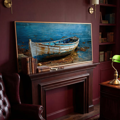 White and Blue Boat on Seashore Canvas in antique gold floating frame