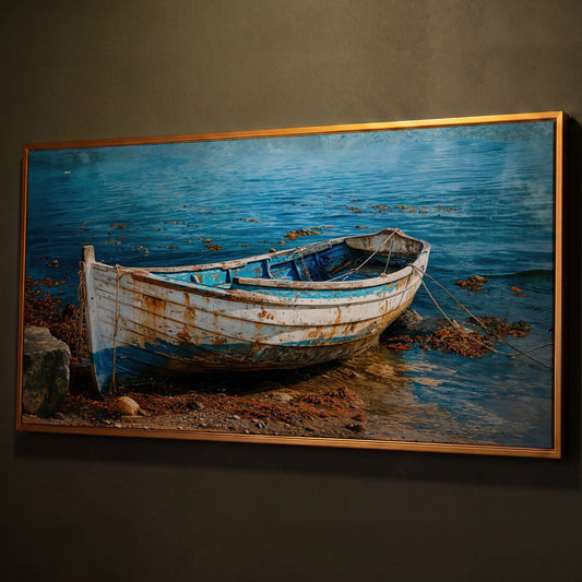 White and Blue Boat on Seashore Canvas shown in antique gold floating frame