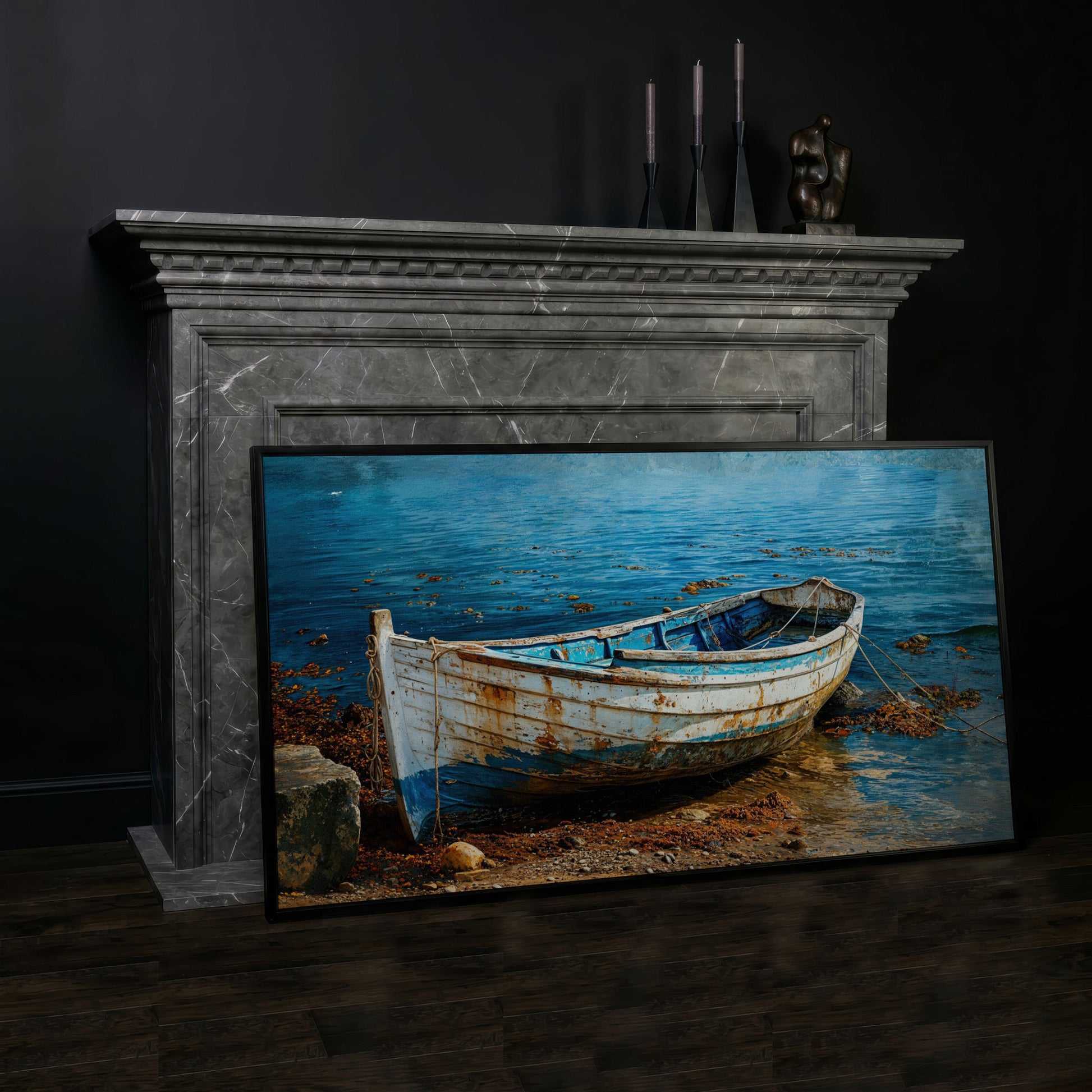 White and Blue Boat on Seashore Canvas in black floating frame