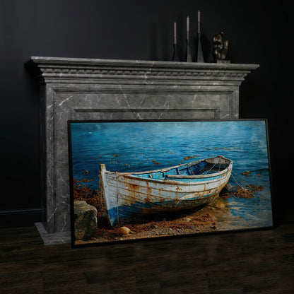 White and Blue Boat on Seashore Canvas in black floating frame