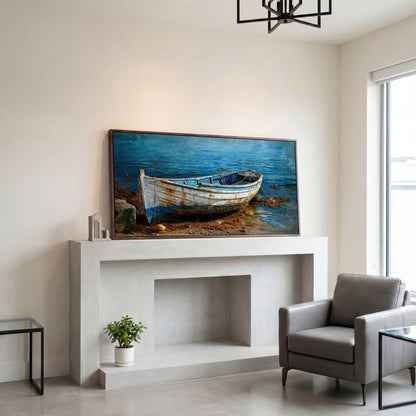 White and Blue Boat on Seashore Canvas in dark walnut floating frame