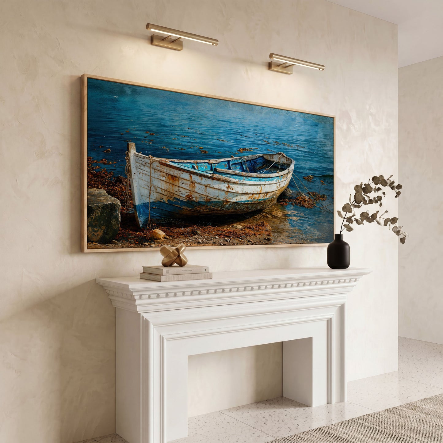 White and Blue Boat on Seashore Canvas in white oak floating frame