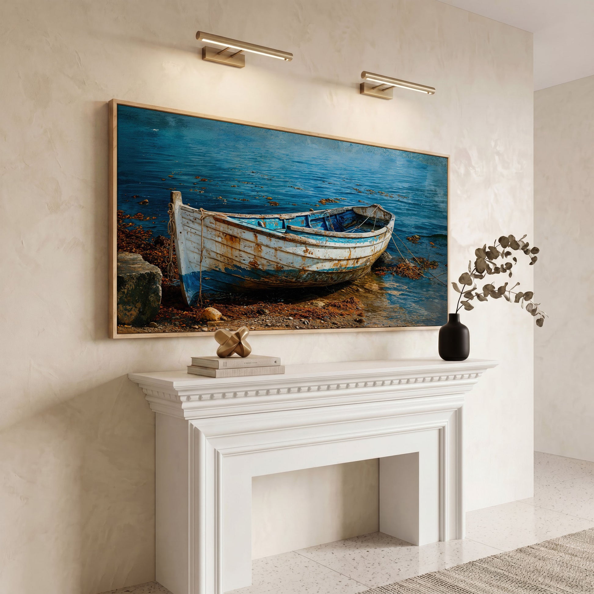 White and Blue Boat on Seashore Canvas in white oak floating frame