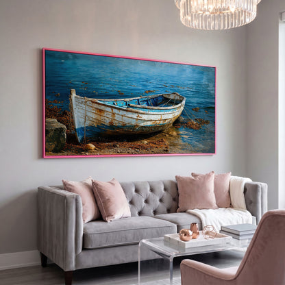 White and Blue Boat on Seashore Canvas in pink floating frame