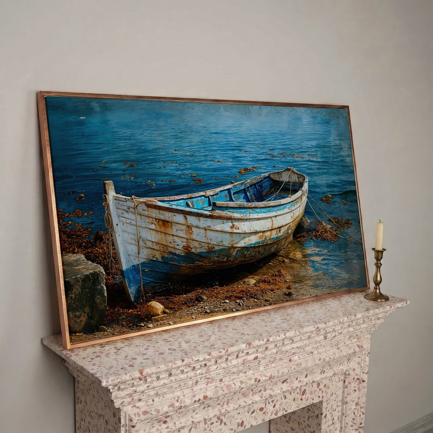 White and Blue Boat on Seashore Canvas in rose gold floating frame