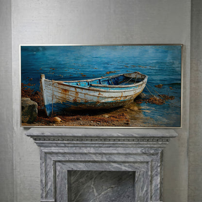 White and Blue Boat on Seashore Canvas in silver floating frame