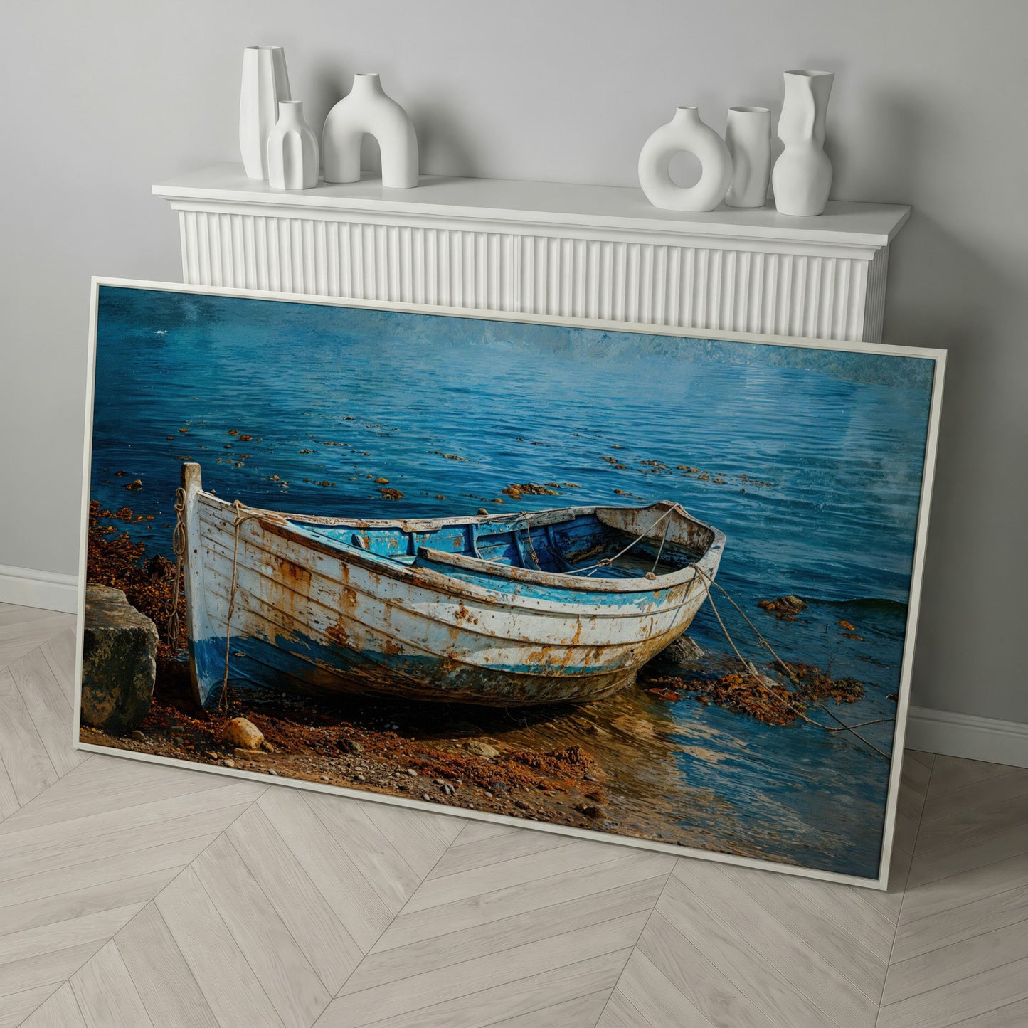 White and Blue Boat on Seashore Canvas in white floating frame