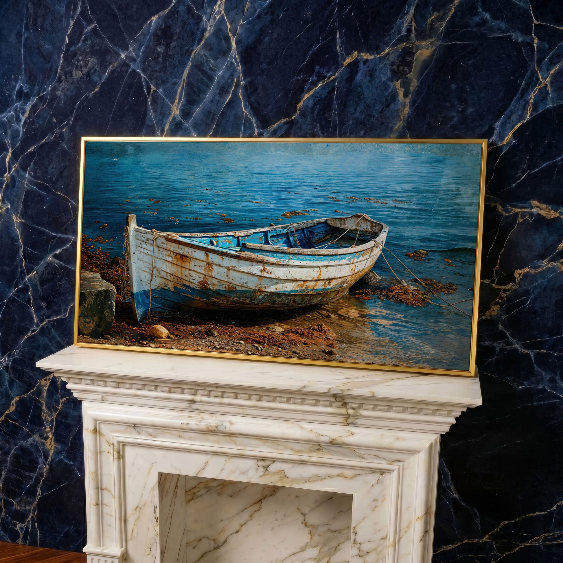 White and Blue Boat on Seashore Canvas in yellow gold floating frame