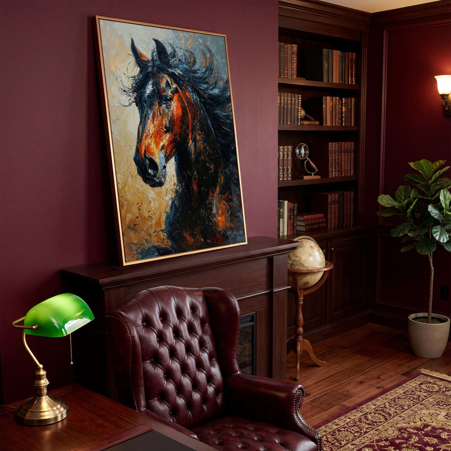 Brown Horse Portrait Canvas in antique gold floating frame