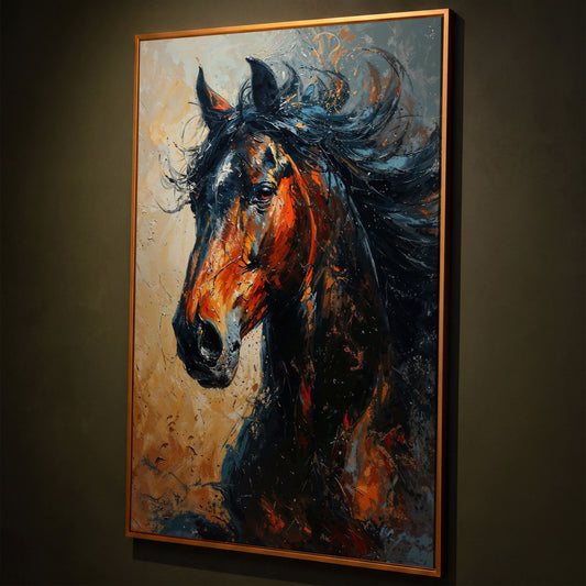 Brown Horse Portrait Canvas shown in antique gold floating frame