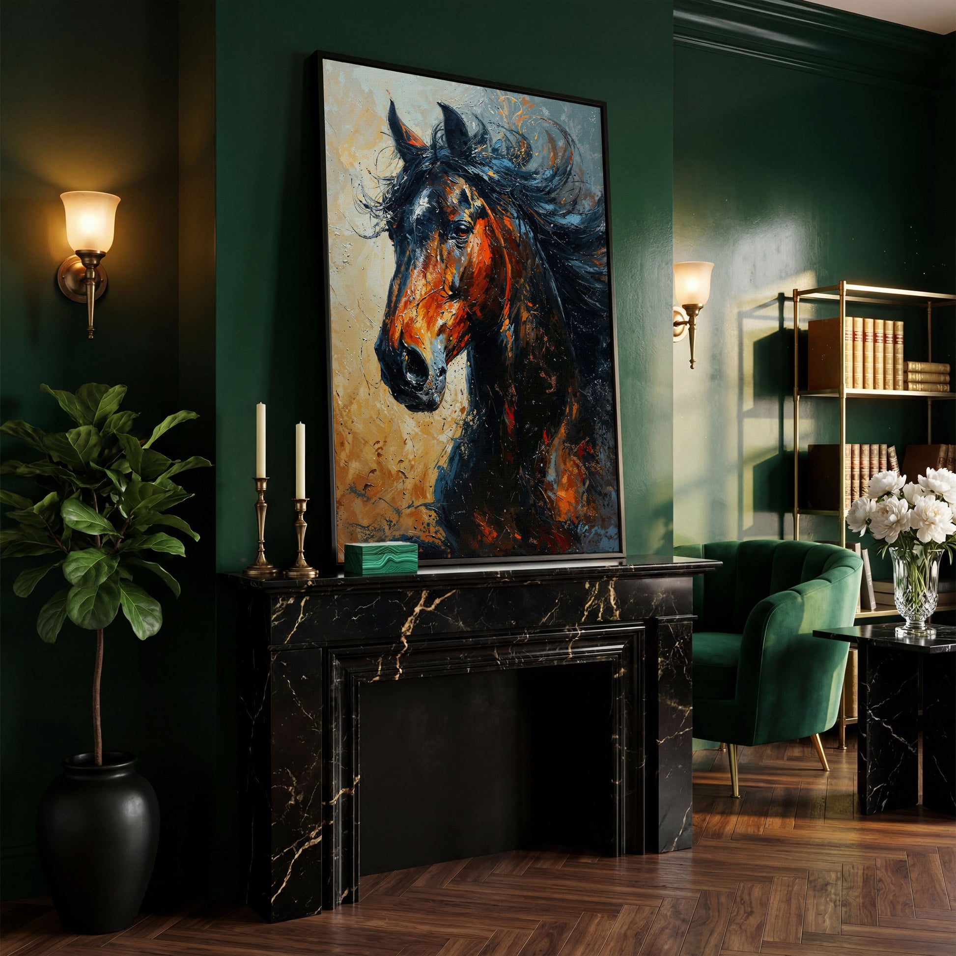 Brown Horse Portrait Canvas in black floating frame