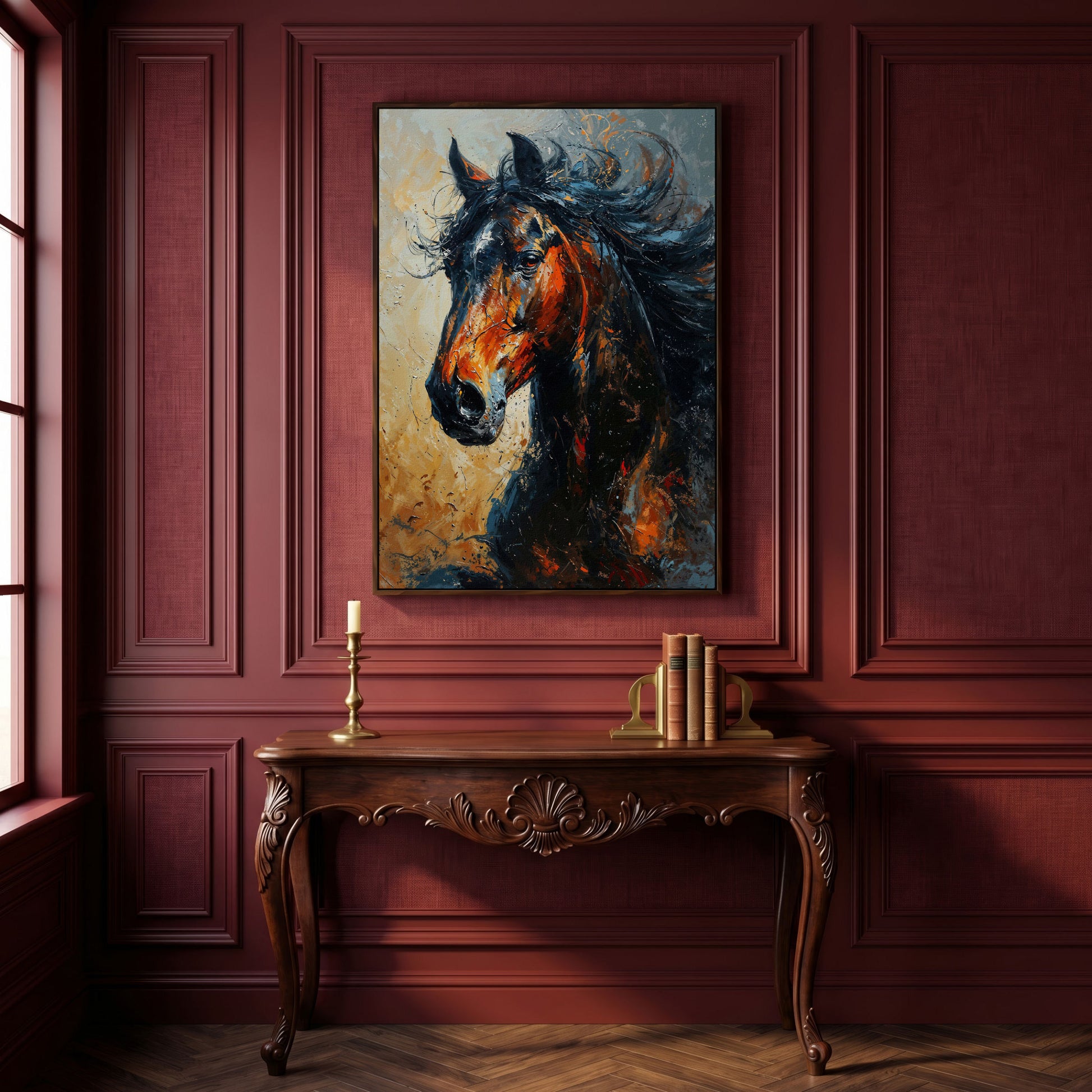 Brown Horse Portrait Canvas in dark walnut floating frame
