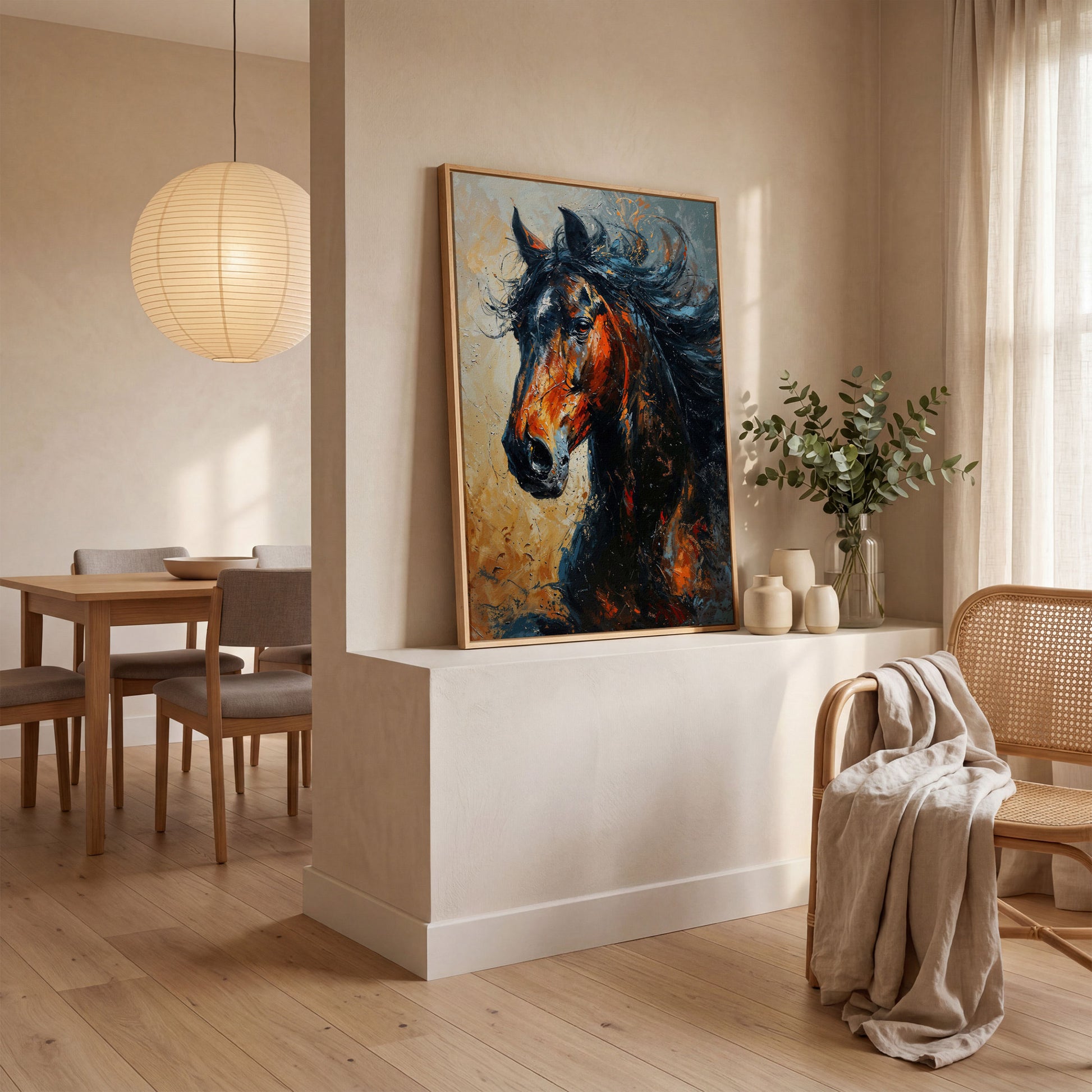 Brown Horse Portrait Canvas in white oak floating frame