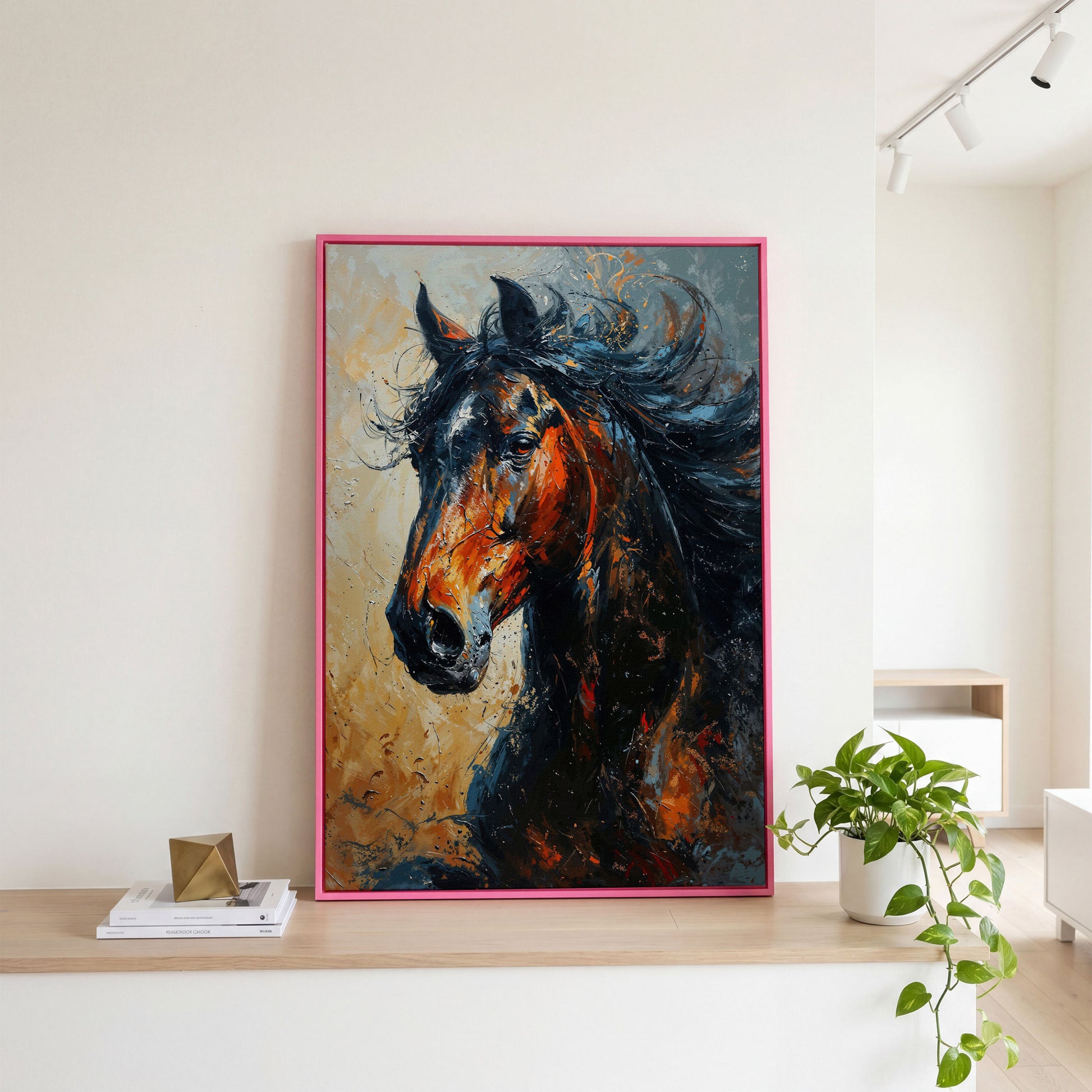 Brown Horse Portrait Canvas in pink floating frame