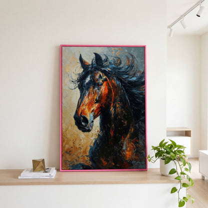 Brown Horse Portrait Canvas in pink floating frame