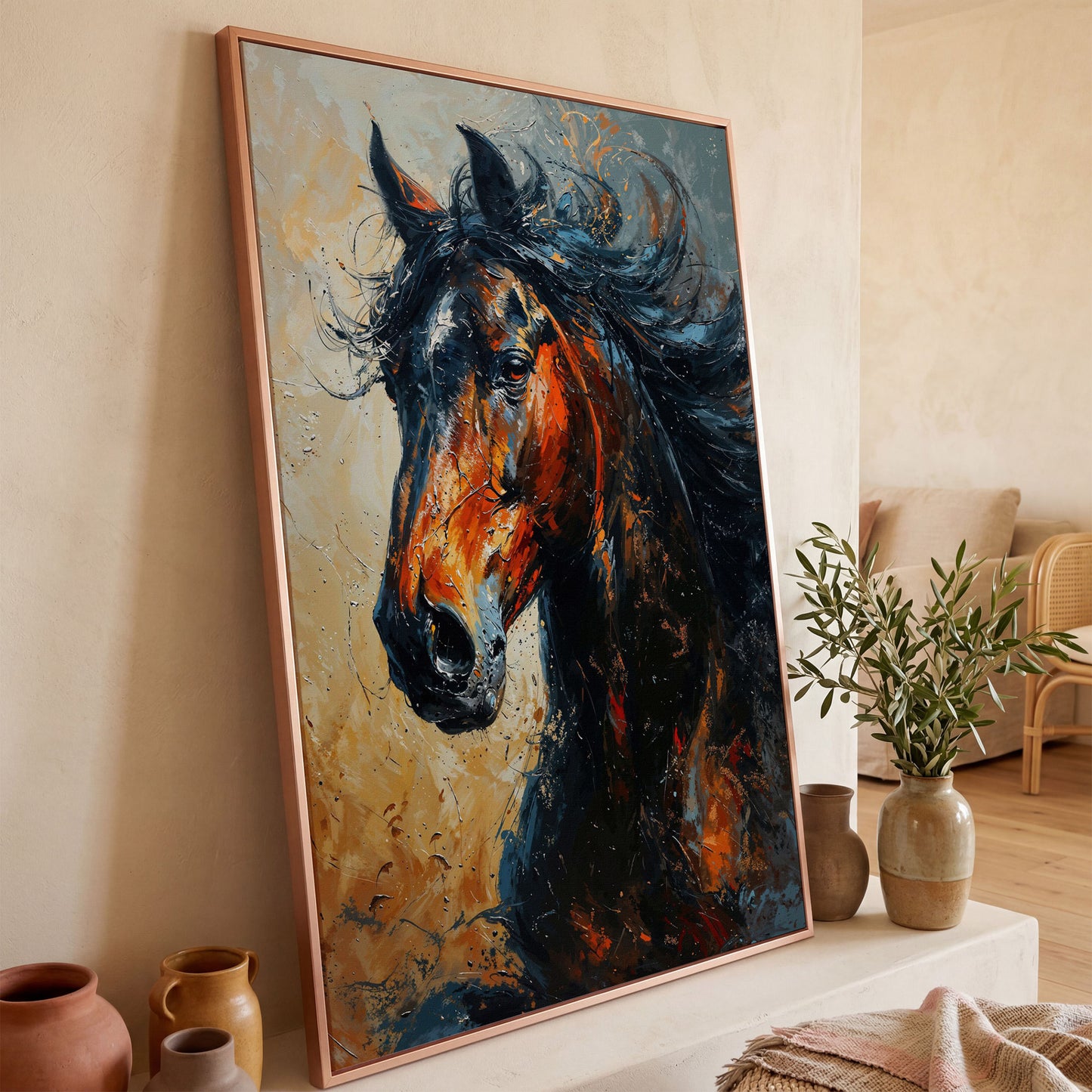 Brown Horse Portrait Canvas in rose gold floating frame